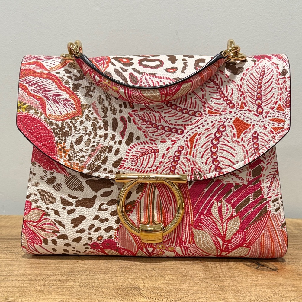 Salvatore Ferragamo Pink Floral & Animal-Print Top Handle Satchel - Picture 2 of 16